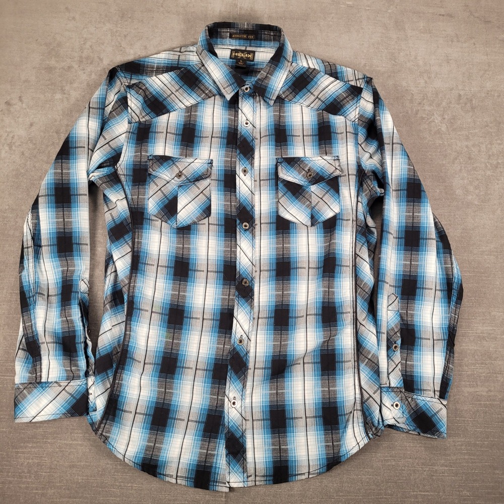 Helix Plaid Button Down Shirt Athletic Fit Western Cowboy Blue‎ Black Mens Large